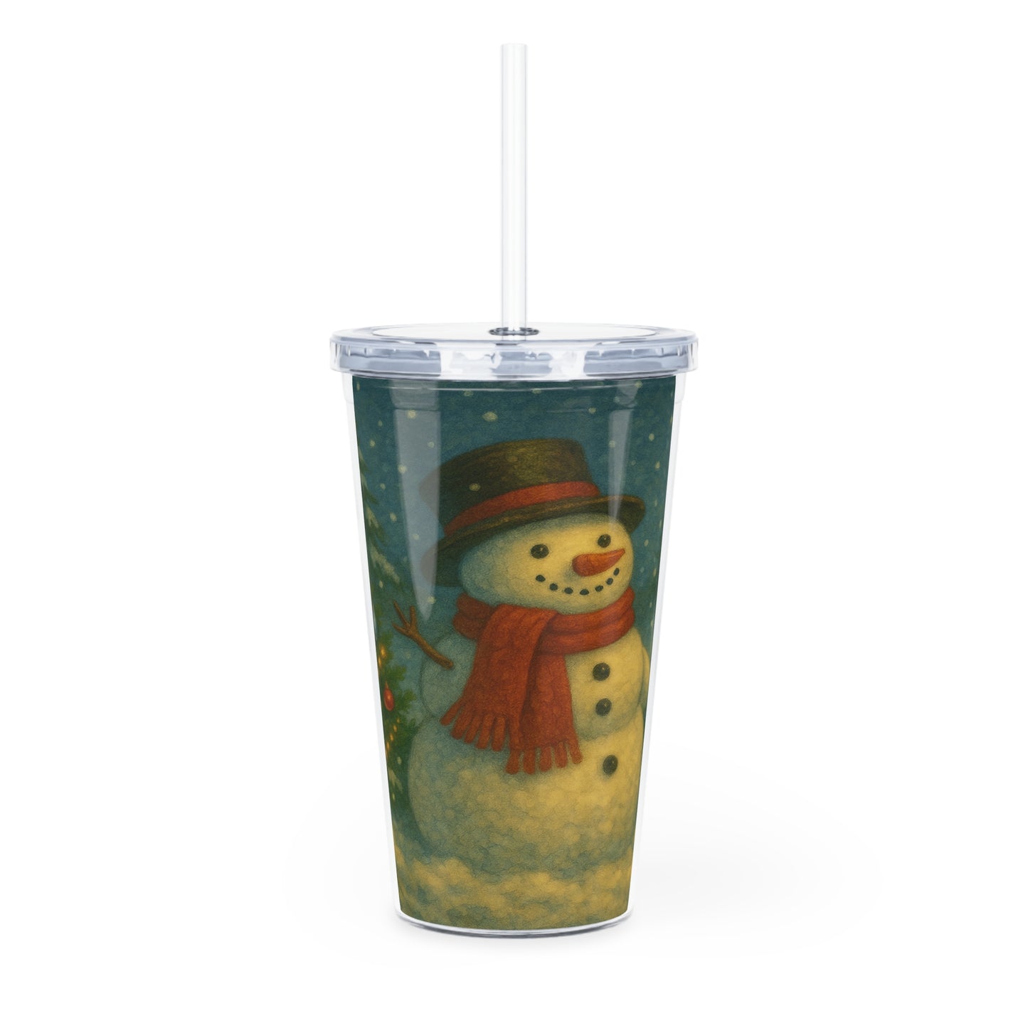 Traditional Snowman Christmas Plastic Tumbler with Straw, Holiday Drinkware, Festive Cup,  Snowman Design, Perfect for Gifts, BPA-Free