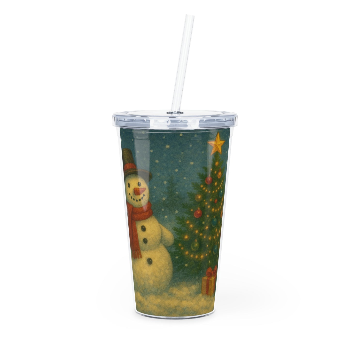Traditional Snowman Christmas Plastic Tumbler with Straw, Holiday Drinkware, Festive Cup,  Snowman Design, Perfect for Gifts, BPA-Free