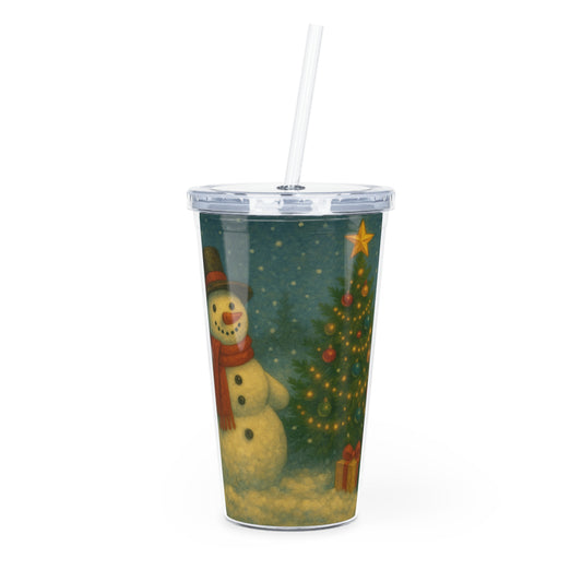 Traditional Snowman Christmas Plastic Tumbler with Straw, Holiday Drinkware, Festive Cup,  Snowman Design, Perfect for Gifts, BPA-Free