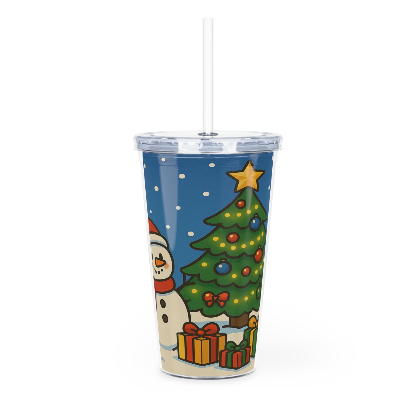 Christmas Plastic Tumbler with Straw, Holiday Drinkware, Festive Cup, Santa and Snowman Design, Perfect for Gifts, BPA-Free
