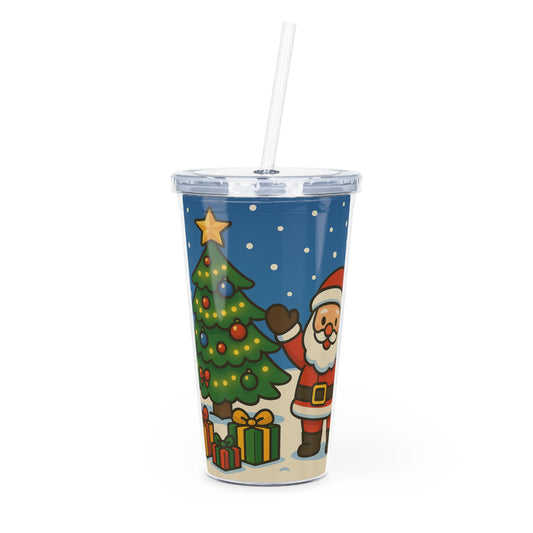 Christmas Plastic Tumbler with Straw, Holiday Drinkware, Festive Cup, Santa and Snowman Design, Perfect for Gifts, BPA-Free