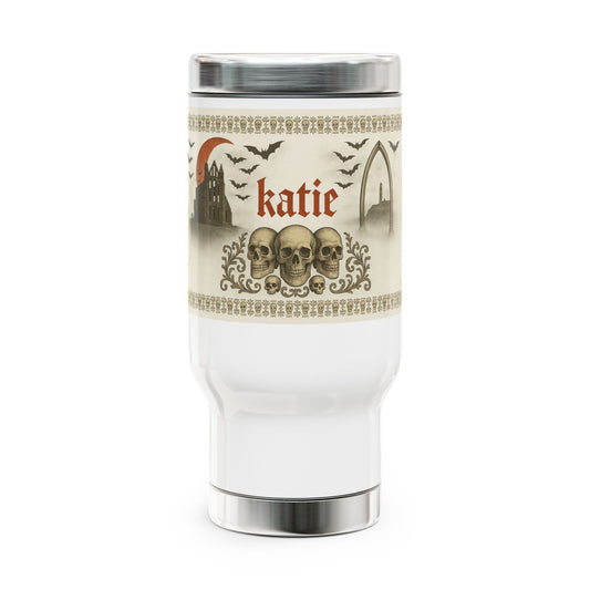 Personalized Gothic Travel Mug - 14oz Stainless Steel Tumbler, Perfect for Coffee Lovers, Halloween Gifts, Customizable, Unique Skull Design