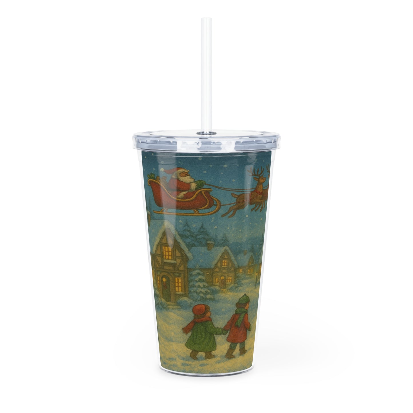 Traditional Christmas Plastic Tumbler with Straw, Holiday Drinkware, Festive Cup, Santa Design, Perfect for Gifts, BPA-Free
