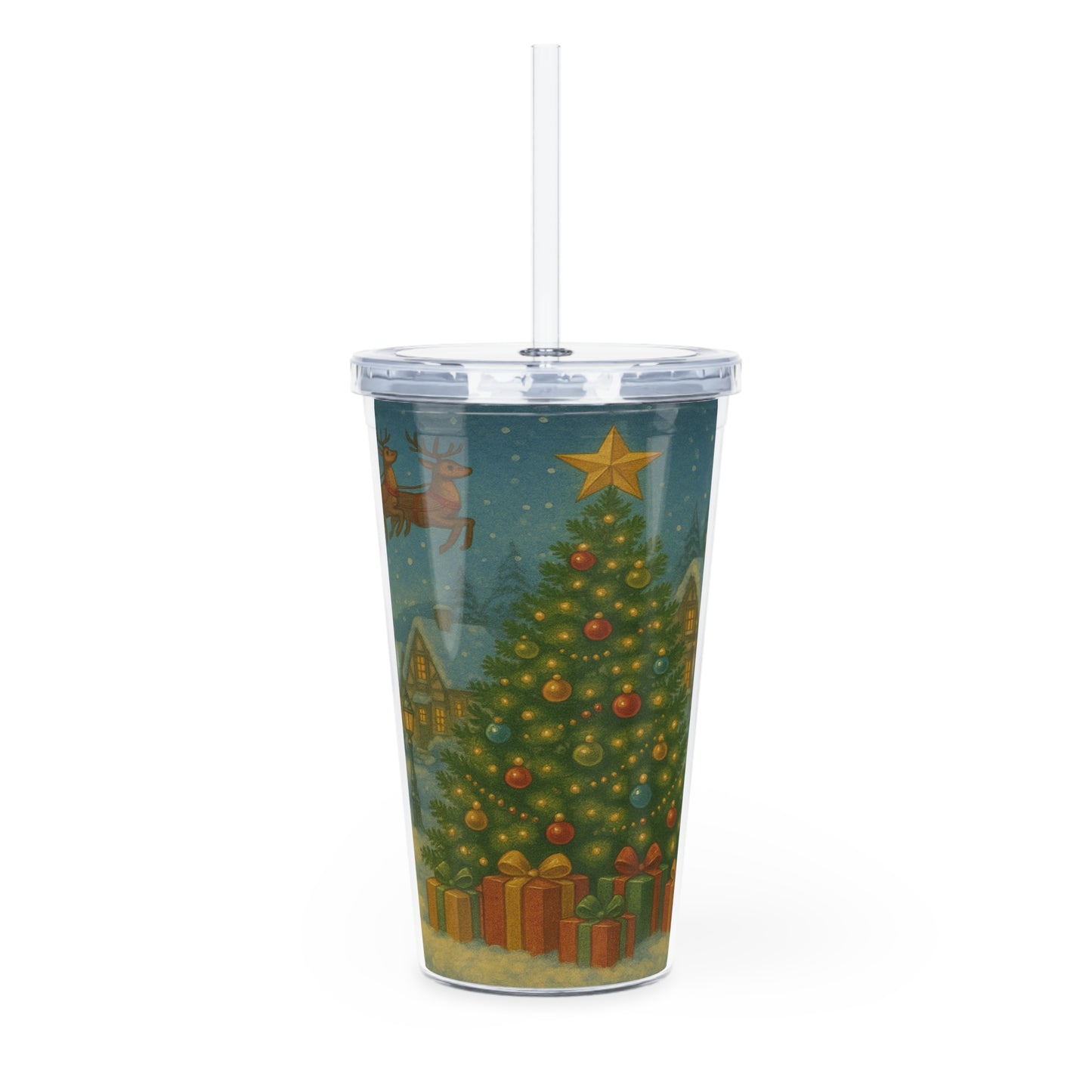 Traditional Christmas Plastic Tumbler with Straw, Holiday Drinkware, Festive Cup, Santa Design, Perfect for Gifts, BPA-Free