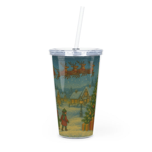 Traditional Christmas Plastic Tumbler with Straw, Holiday Drinkware, Festive Cup, Santa Design, Perfect for Gifts, BPA-Free